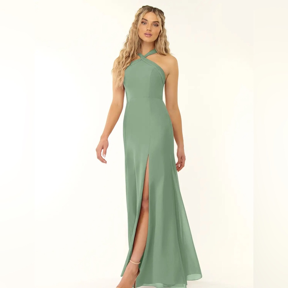 Azazie Sage Green Crisscross Halter Maxi Dress